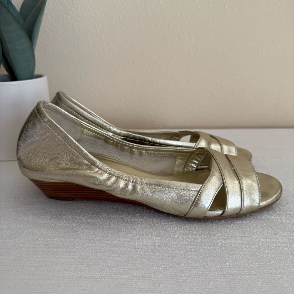 Cole Haan Gold Leather Peep Toe Low Wedge Sandals